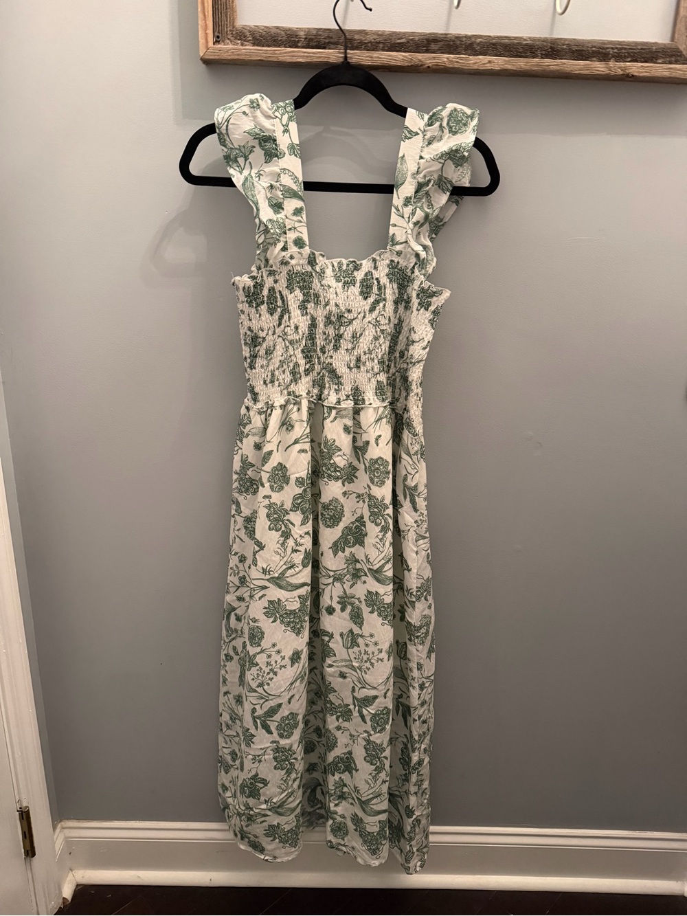 THML White Midi Dress with Green Floral Print and Ruffle Straps